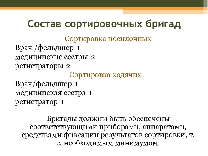 Состав сортировочных бригад Сортировка носилочных Врач /фельдшер-1 медицинские сестры-2 регистраторы-2 Сортировка