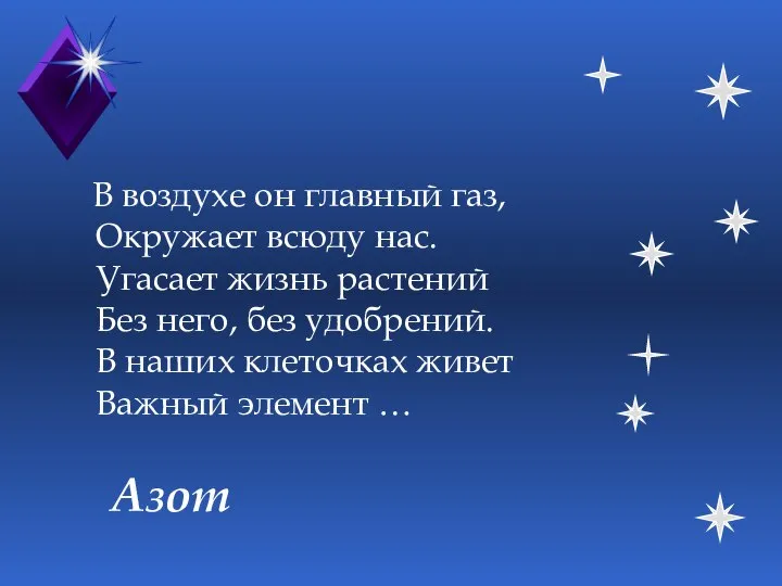 Азот В воздухе он главный газ, Окружает всюду нас. Угасает жизнь