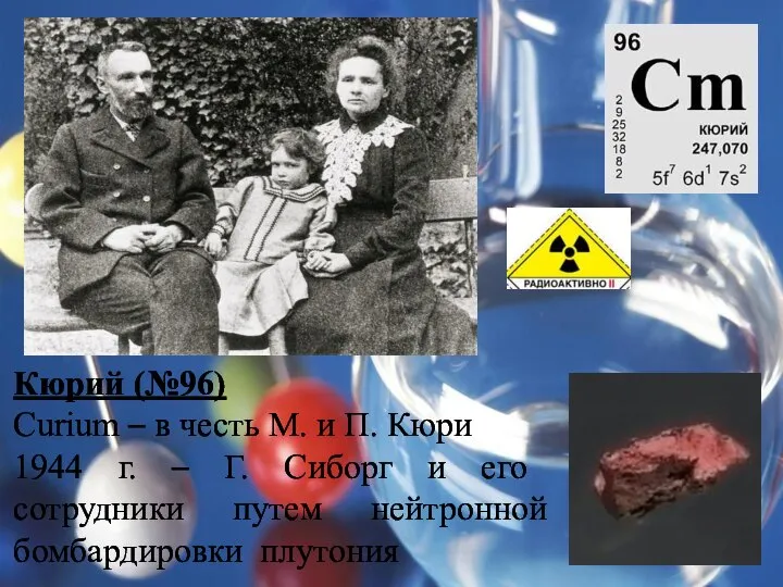 Кюрий (№96) Curium – в честь М. и П. Кюри 1944