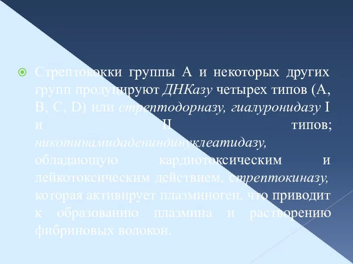 Стрептококки группы А и некоторых других групп продуцируют ДНКазу четырех типов