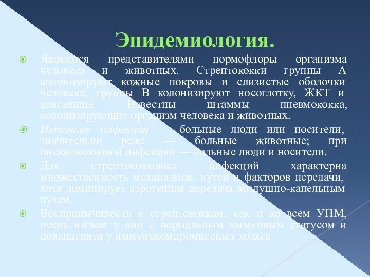 Эпидемиология. Являются представителями нормофлоры организма человека и животных. Стрептококки группы А