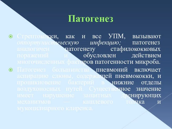 Патогенез Стрептококки, как и все УПМ, вызывают оппортунистическую инфекцию; патогенез аналогичен