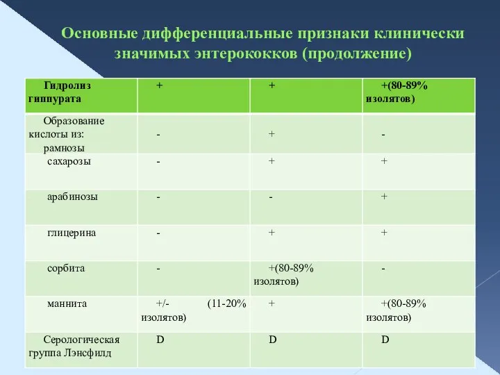 Основные дифференциальные признаки клинически значимых энтерококков (продолжение)