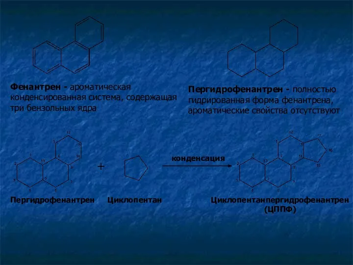 Фенантрен - ароматическая конденсированная система, содержащая три бензольных ядра Пергидрофенантрен -