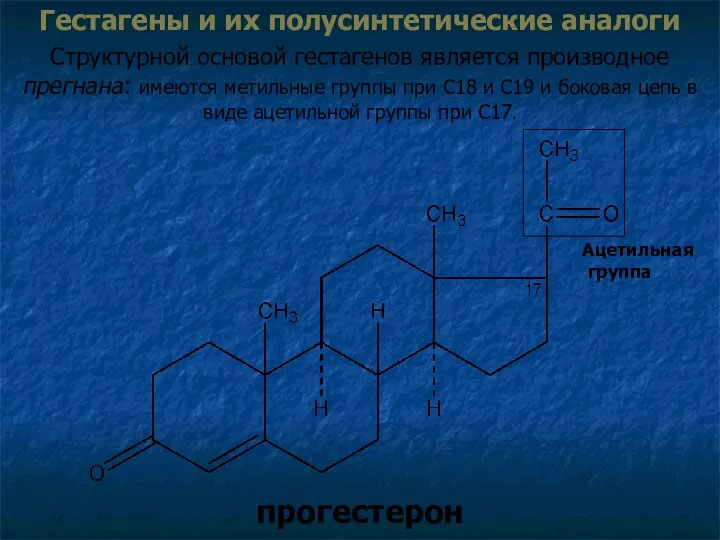 Гестагены и их полусинтетические аналоги Структурной основой гестагенов является производное прегнана: