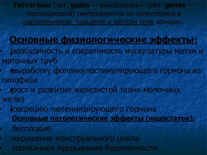 Гестагены (лат. gesto — вынашивать+ греч. genes — порождающий) синтезируются из