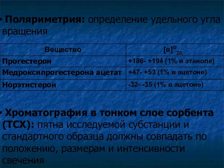 Поляриметрия: определение удельного угла вращения Хроматография в тонком слое сорбента (ТСХ):