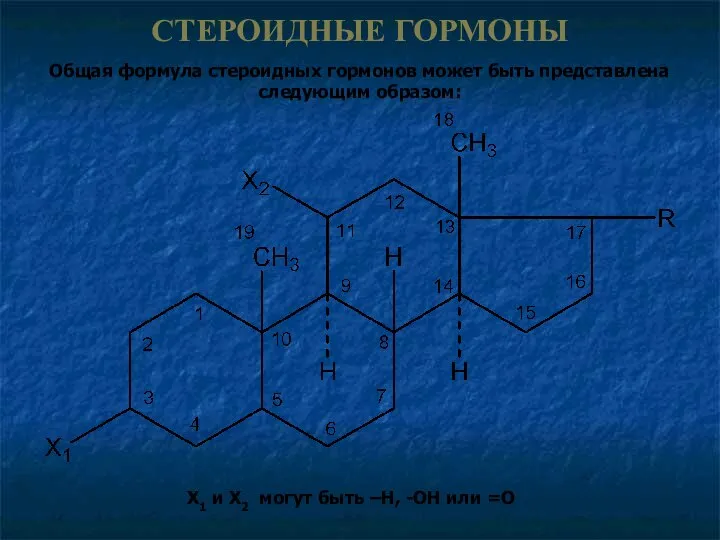 СТЕРОИДНЫЕ ГОРМОНЫ Общая формула стероидных гормонов может быть представлена следующим образом: