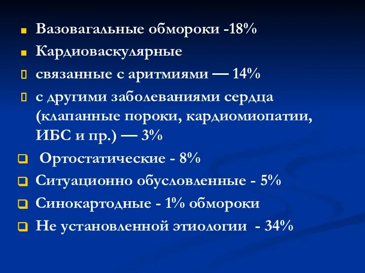 Вазовагальные обмороки -18% Кардиоваскулярные связанные с аритмиями — 14% с другими