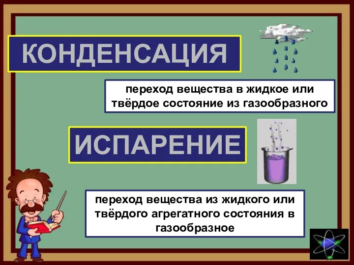 КОНДЕНСАЦИЯ ИСПАРЕНИЕ переход вещества в жидкое или твёрдое состояние из газообразного