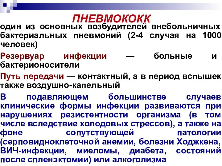 ПНЕВМОКОКК один из основных возбудителей внебольничных бактериальных пневмоний (2-4 случая на