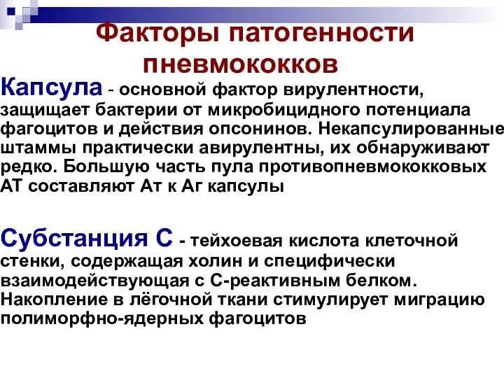 Факторы патогенности пневмококков Капсула - основной фактор вирулентности, защищает бактерии от