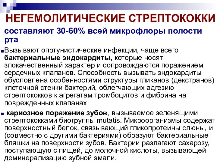 НЕГЕМОЛИТИЧЕСКИЕ СТРЕПТОКОККИ составляют 30-60% всей микрофлоры полости рта Вызывают опртунистические инфекции,