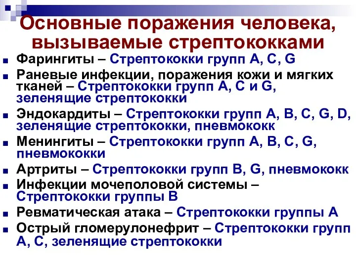 Основные поражения человека, вызываемые стрептококками Фарингиты – Стрептококки групп А, С,