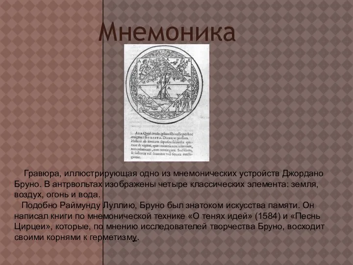 Мнемоника Гравюра, иллюстрирующая одно из мнемонических устройств Джордано Бруно. В антрвольтах