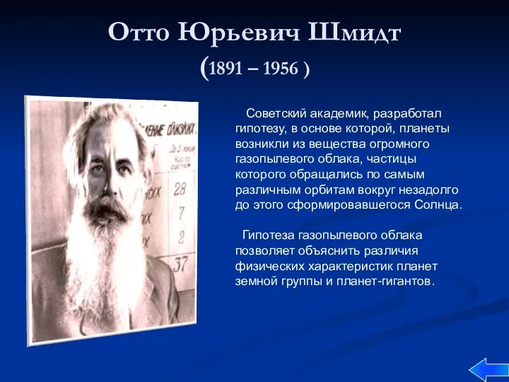 Отто Юрьевич Шмидт (1891 – 1956 ) Советский академик, разработал гипотезу,