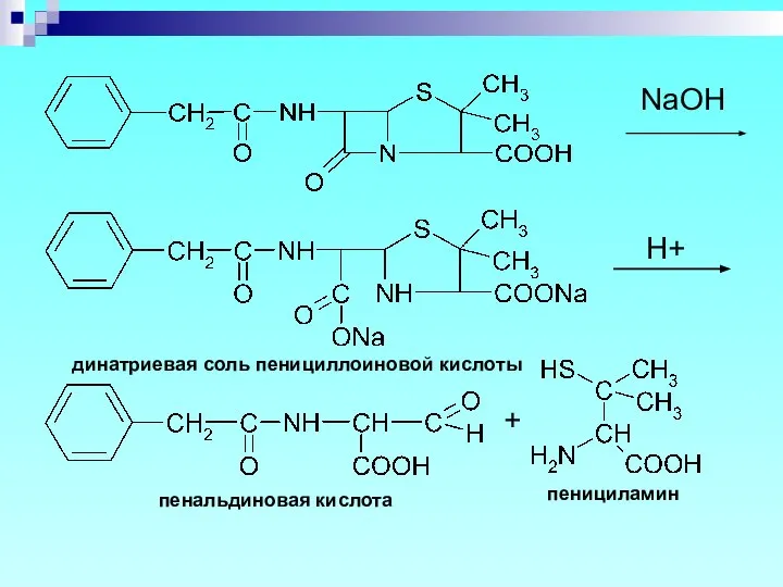 H+ пенициламин пенальдиновая кислота + динатриевая соль пенициллоиновой кислоты NaOH