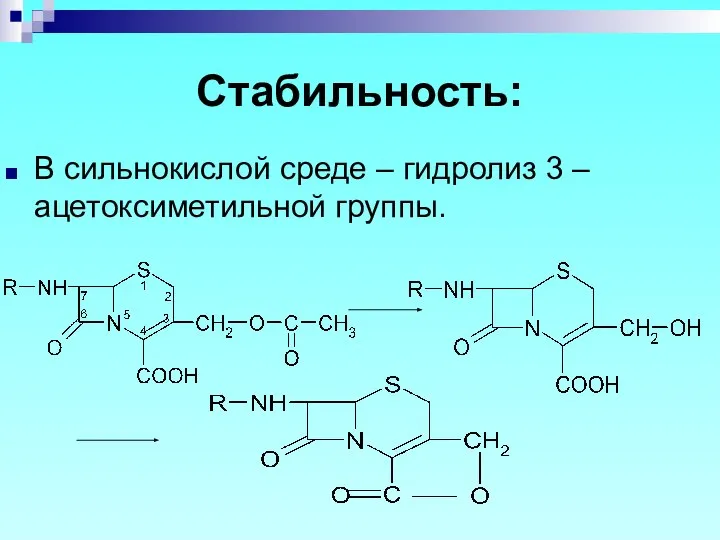 Стабильность: В сильнокислой среде – гидролиз 3 –ацетоксиметильной группы.