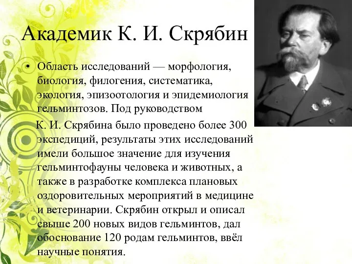 Академик К. И. Скрябин Область исследований — морфология, биология, филогения, систематика,