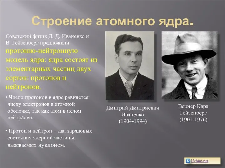 Строение атомного ядра. Вернер Карл Гейзенберг (1901-1976) Дмитрий Дмитриевич Иваненко (1904-1994)