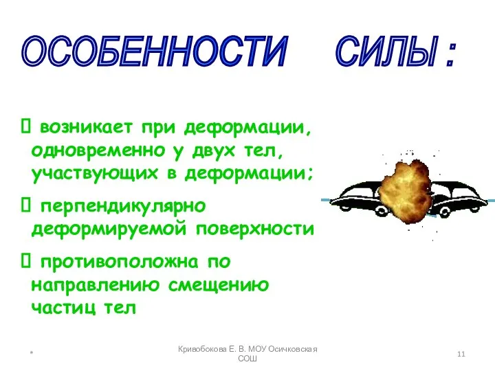 ОСОБЕННОСТИ СИЛЫ : возникает при деформации, одновременно у двух тел, участвующих