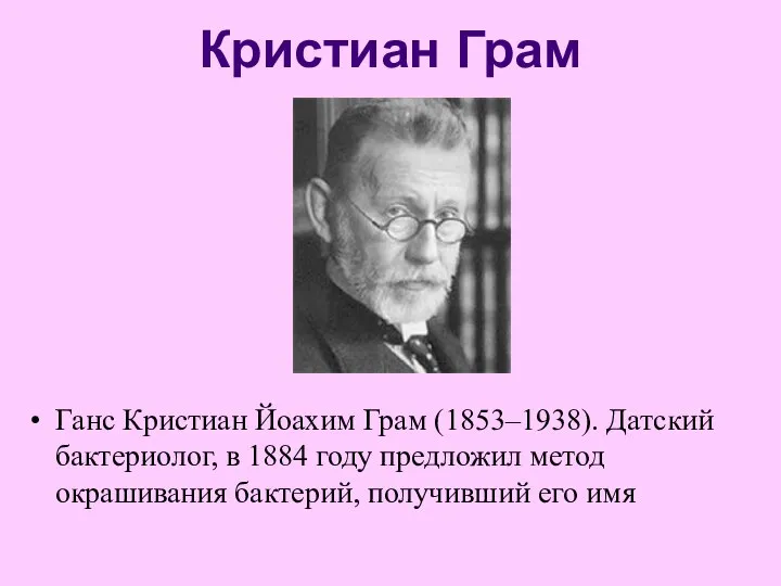 Кристиан Грам Ганс Кристиан Йоахим Грам (1853–1938). Датский бактериолог, в 1884