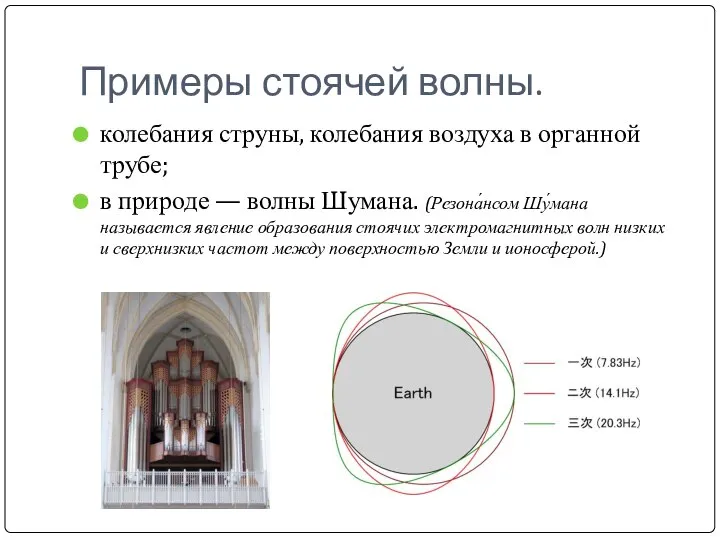 Примеры стоячей волны. колебания струны, колебания воздуха в органной трубе; в