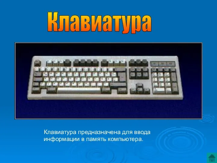 Клавиатура предназначена для ввода информации в память компьютера. Клавиатура