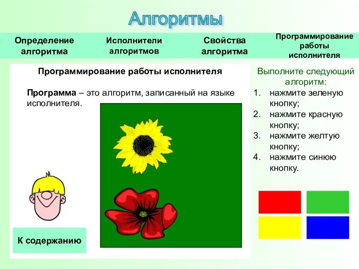 Программирование работы исполнителя Программа – это алгоритм, записанный на языке исполнителя. Алгоритмы К содержанию