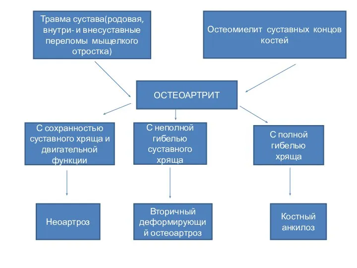 Травма сустава(родовая, внутри- и внесуставные переломы мыщелкого отростка) Остеомиелит суставных концов