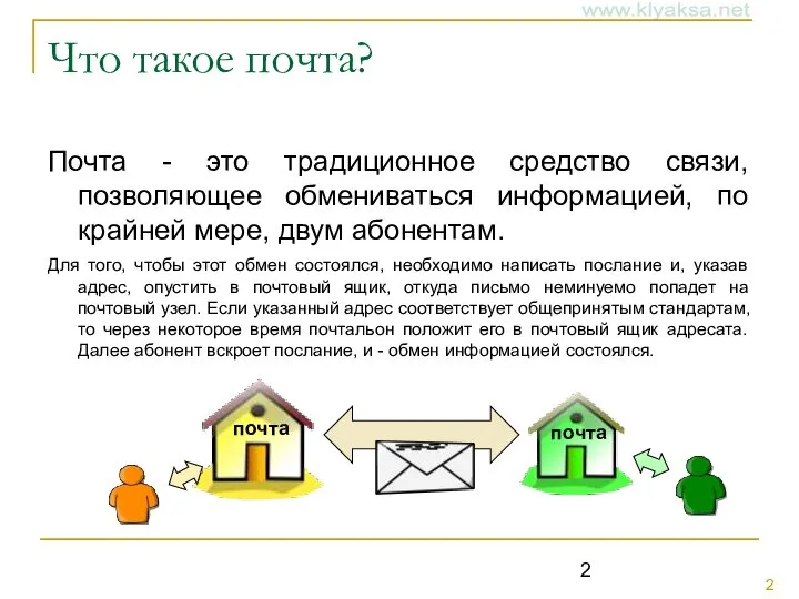 Что такое почта? Почта - это традиционное средство связи, позволяющее обмениваться