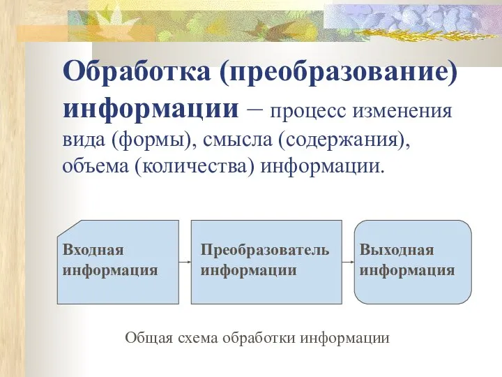 Обработка (преобразование) информации – процесс изменения вида (формы), смысла (содержания), объема (количества) информации.