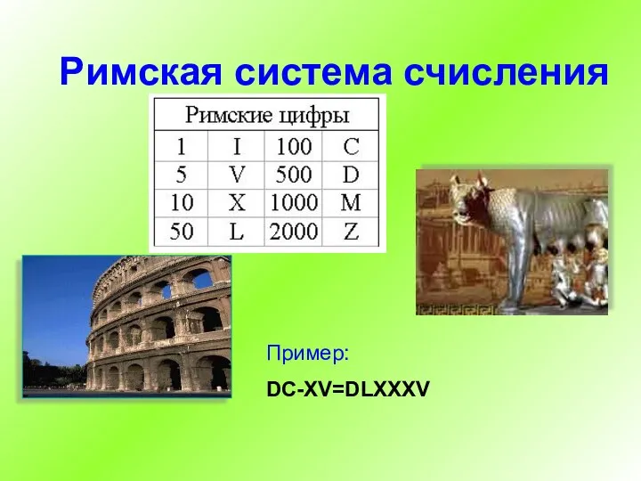 Римская система счисления Пример: DC-XV=DLXXXV