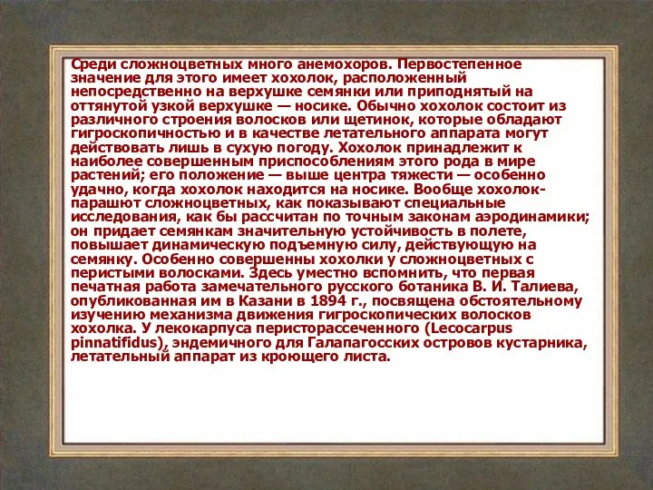 Среди сложноцветных много анемохоров. Первостепенное значение для этого имеет хохолок, расположенный