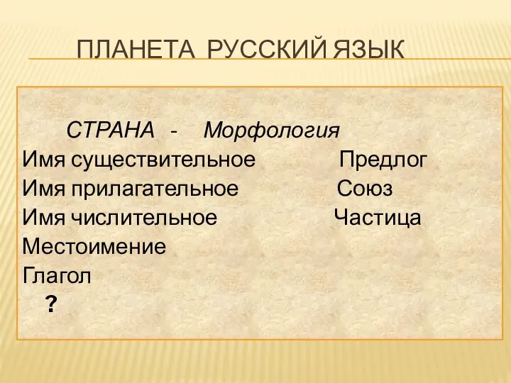 Планета Русский язык СТРАНА - Морфология Имя существительное Предлог Имя прилагательное