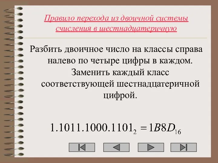 Правило перехода из двоичной системы счисления в шестнадцатеричную Разбить двоичное число