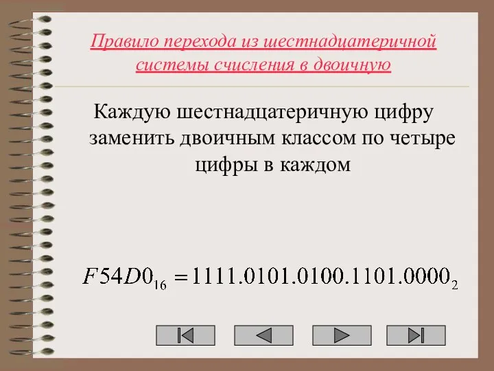 Правило перехода из шестнадцатеричной системы счисления в двоичную Каждую шестнадцатеричную цифру