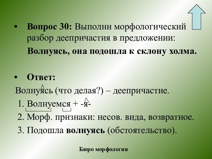 Вопрос 30: Выполни морфологический разбор деепричастия в предложении: Волнуясь, она подошла