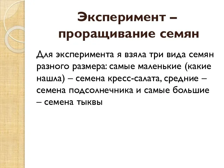 Для эксперимента я взяла три вида семян разного размера: самые маленькие