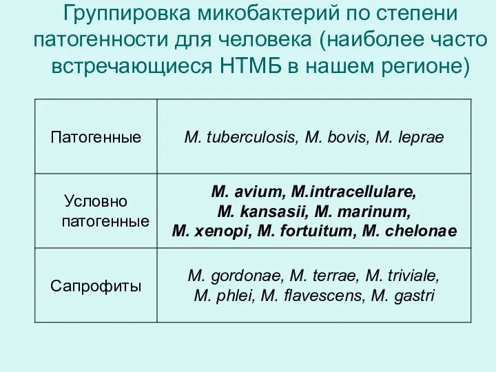 Группировка микобактерий по степени патогенности для человека (наиболее часто встречающиеся НТМБ в нашем регионе)