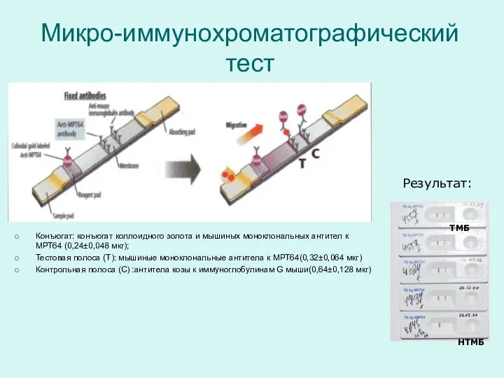 Микро-иммунохроматографический тест Конъюгат: конъюгат коллоидного золота и мышиных моноклональных антител к