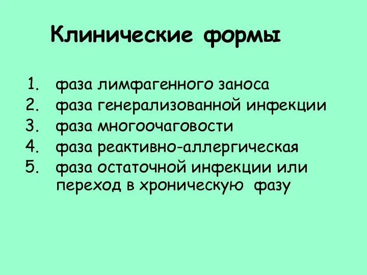 Клинические формы фаза лимфагенного заноса фаза генерализованной инфекции фаза многоочаговости фаза