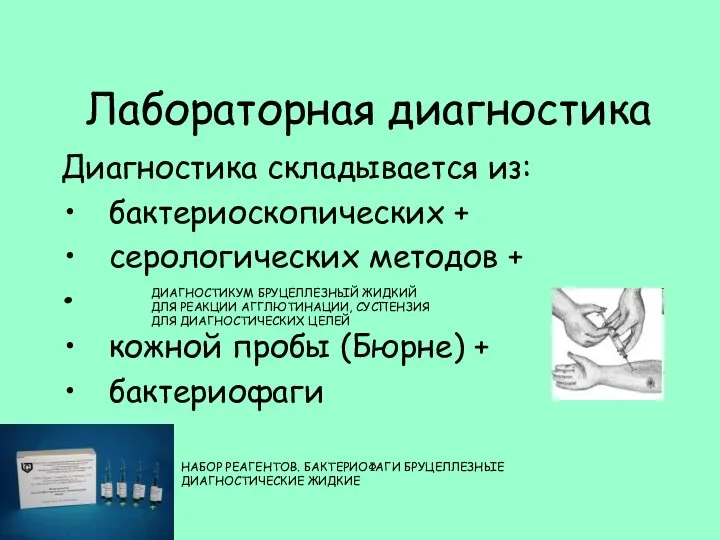 Лабораторная диагностика Диагностика складывается из: бактериоскопических + серологических методов + кожной