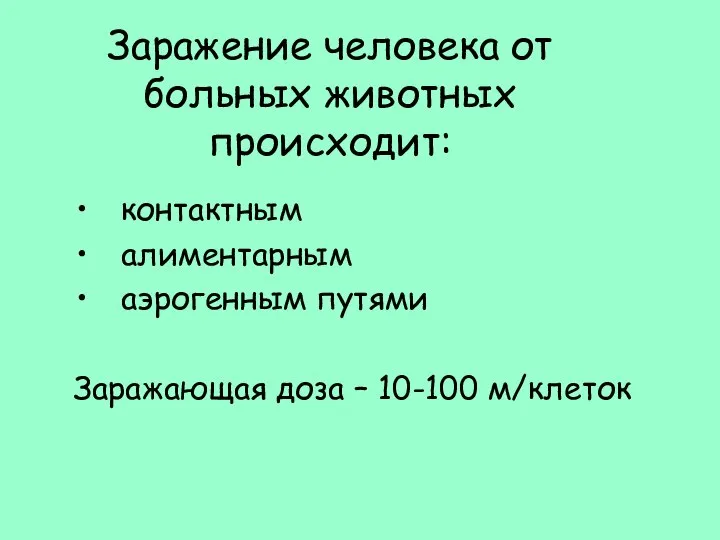 Заражение человека от больных животных происходит: контактным алиментарным аэрогенным путями Заражающая доза – 10-100 м/клеток