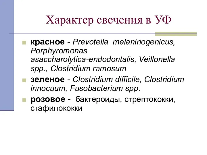 Характер свечения в УФ красное - Prevotella melaninogenicus, Porphyromonas asaccharolytica-endodontalis, Veillonella