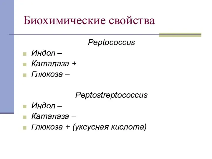 Биохимические свойства Peptococcus Индол – Каталаза + Глюкоза – Peptostreptococcus Индол