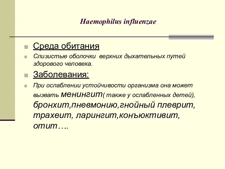 Haemophilus influenzae Среда обитания Слизистые оболочки верхних дыхательных путей здорового человека.