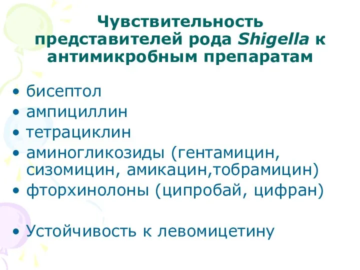 Чувствительность представителей рода Shigella к антимикробным препаратам бисептол ампициллин тетрациклин аминогликозиды