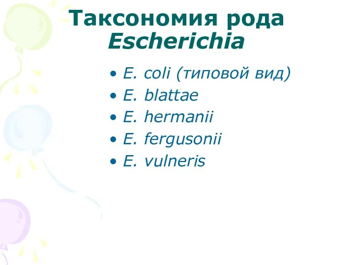 Таксономия рода Escherichia E. coli (типовой вид) E. blattae E. hermanii Е. fergusonii E. vulneris