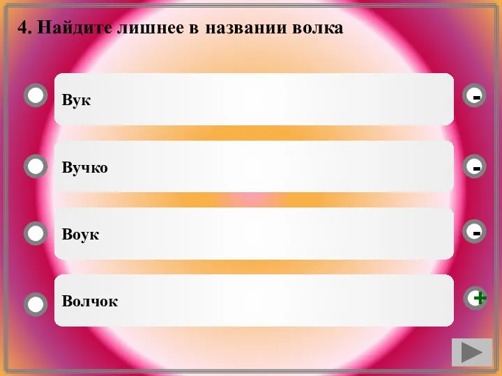 4. Найдите лишнее в названии волка Вук Вучко Воук Волчок - - + -